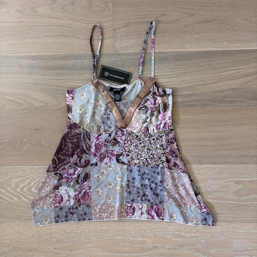Just Polly Patchwork Floral Spaghetti Strap Tank Top y2k Viral Large NEW
